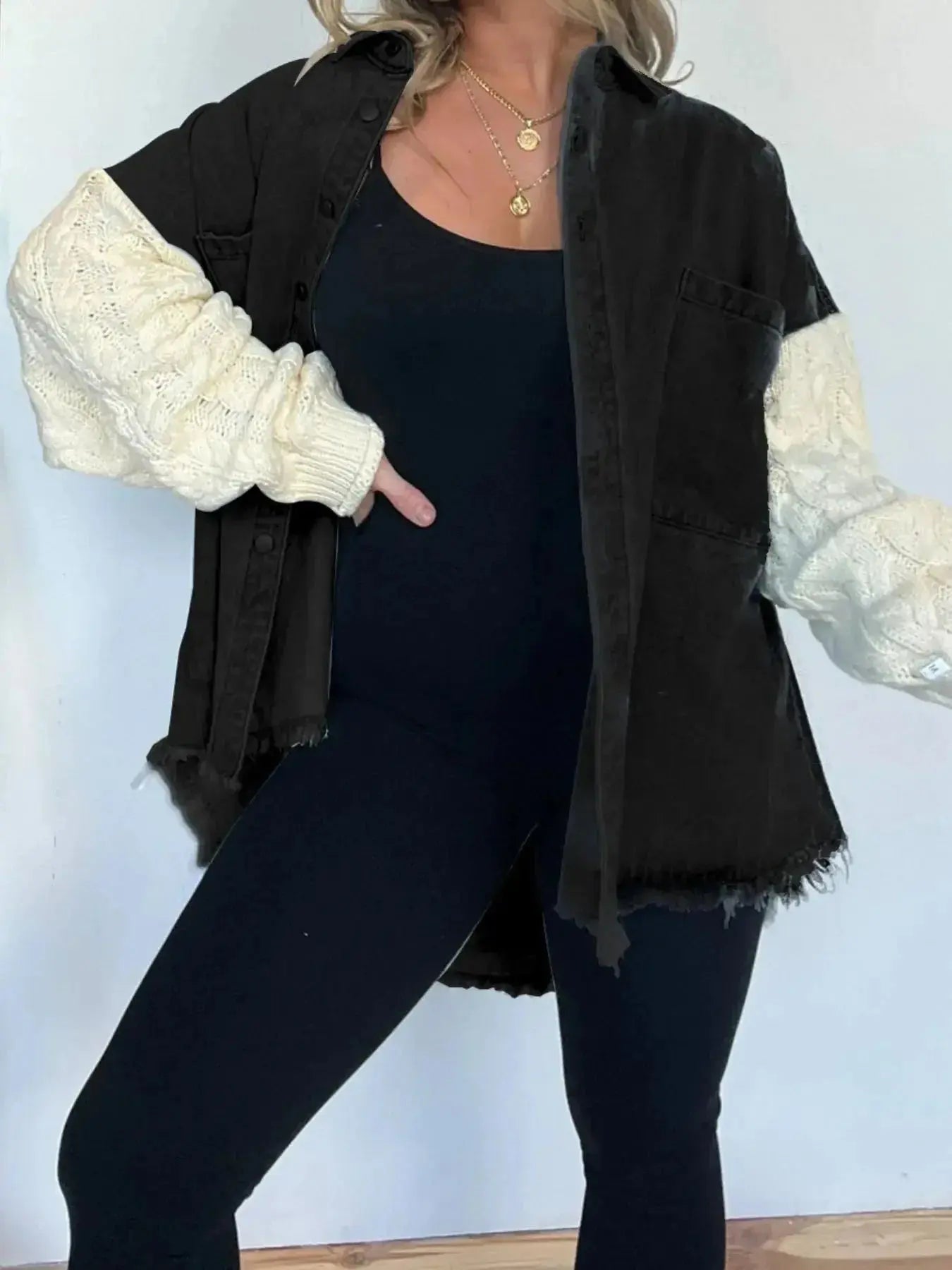 Full Size Raw Hem Button Up Patchwork Denim Jacket Plus Size - Plush Fashion Hub