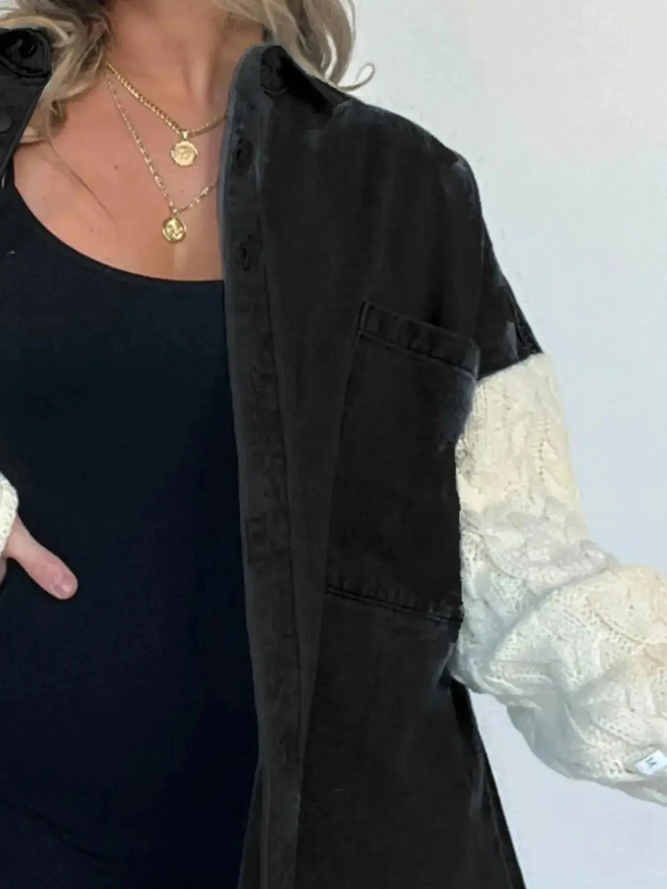 Full Size Raw Hem Button Up Patchwork Denim Jacket Plus Size - Plush Fashion Hub