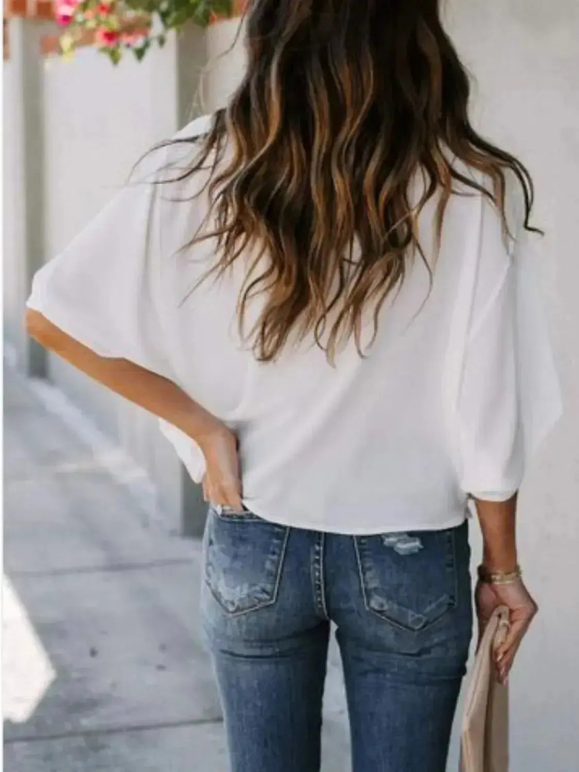 Full Size Ruched Three-Quarter Sleeve Blouse Plus Size - Plush Fashion Hub