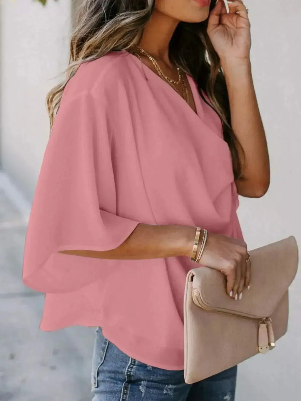 Full Size Ruched Three-Quarter Sleeve Blouse Plus Size - Plush Fashion Hub