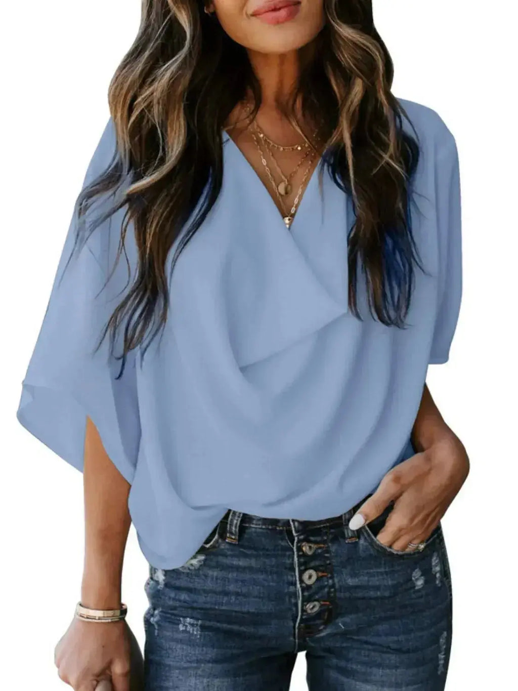 Full Size Ruched Three-Quarter Sleeve Blouse Plus Size - Plush Fashion Hub