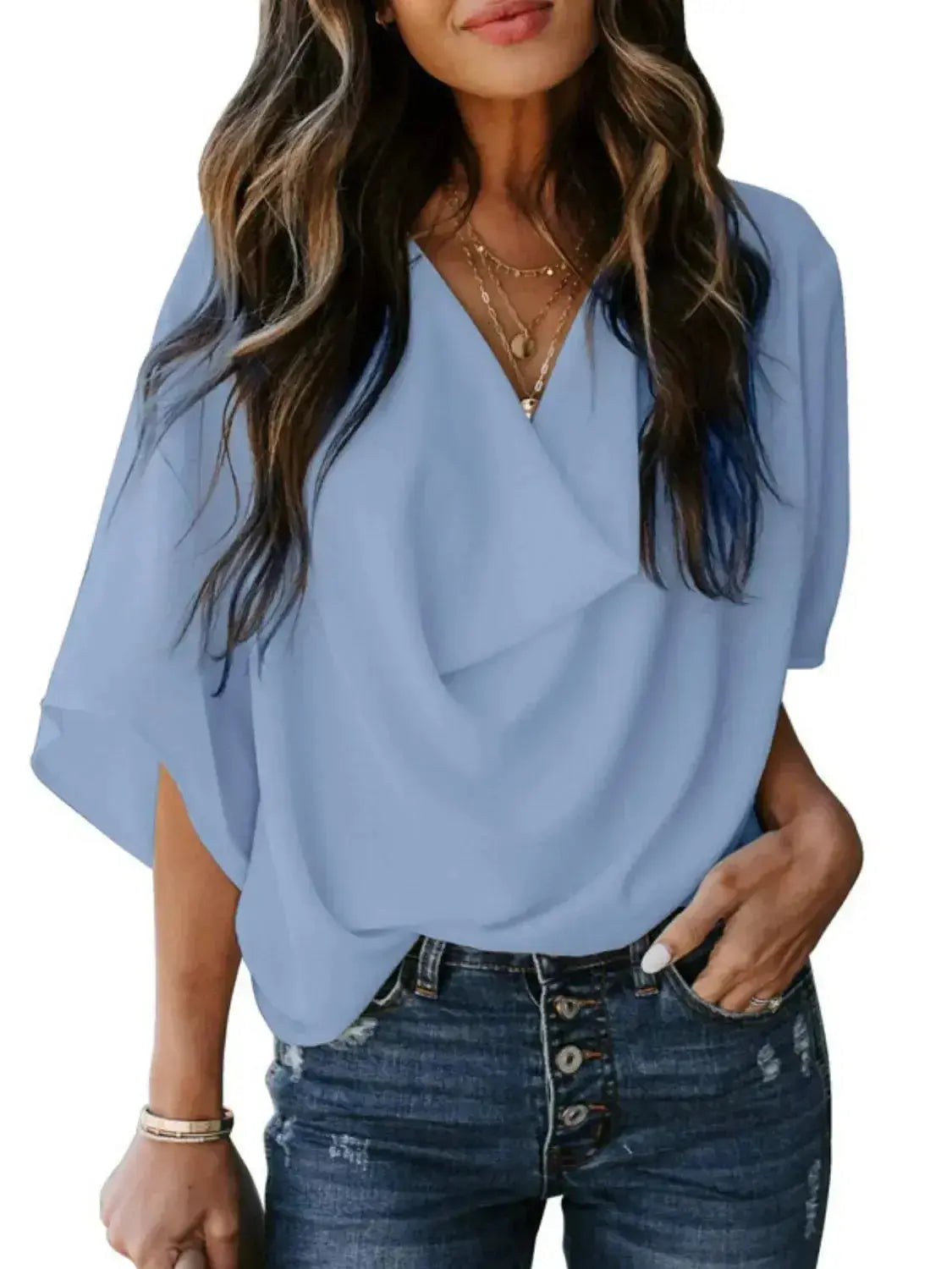 Full Size Ruched Three-Quarter Sleeve Blouse Plus Size - Plush Fashion Hub