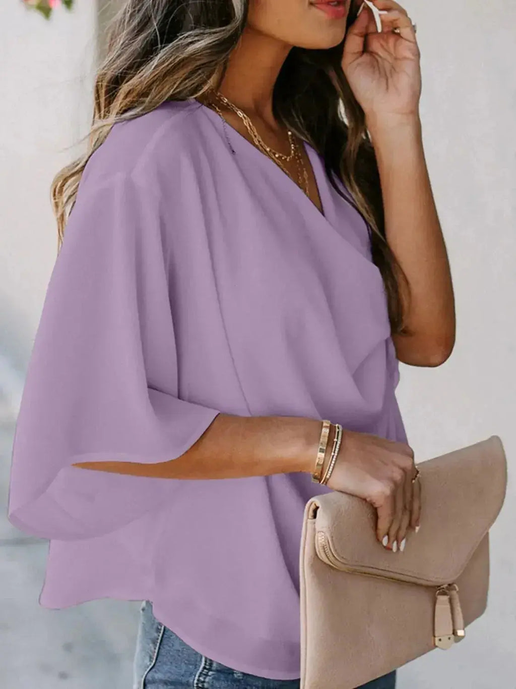 Full Size Ruched Three-Quarter Sleeve Blouse Plus Size - Plush Fashion Hub