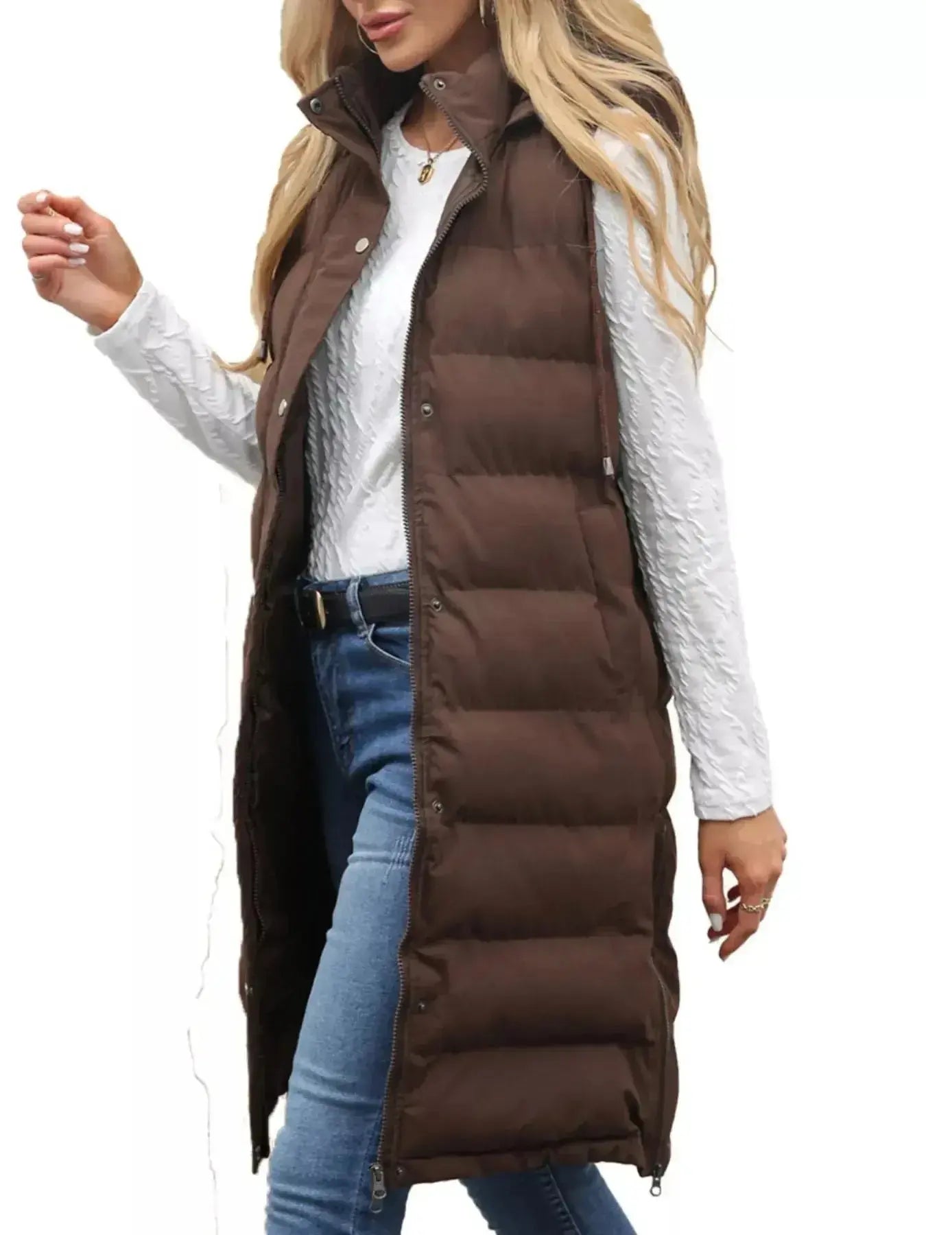 Full Size Snap Down Hooded Padded Longline Vest Coat Plus Size - Plush Fashion Hub