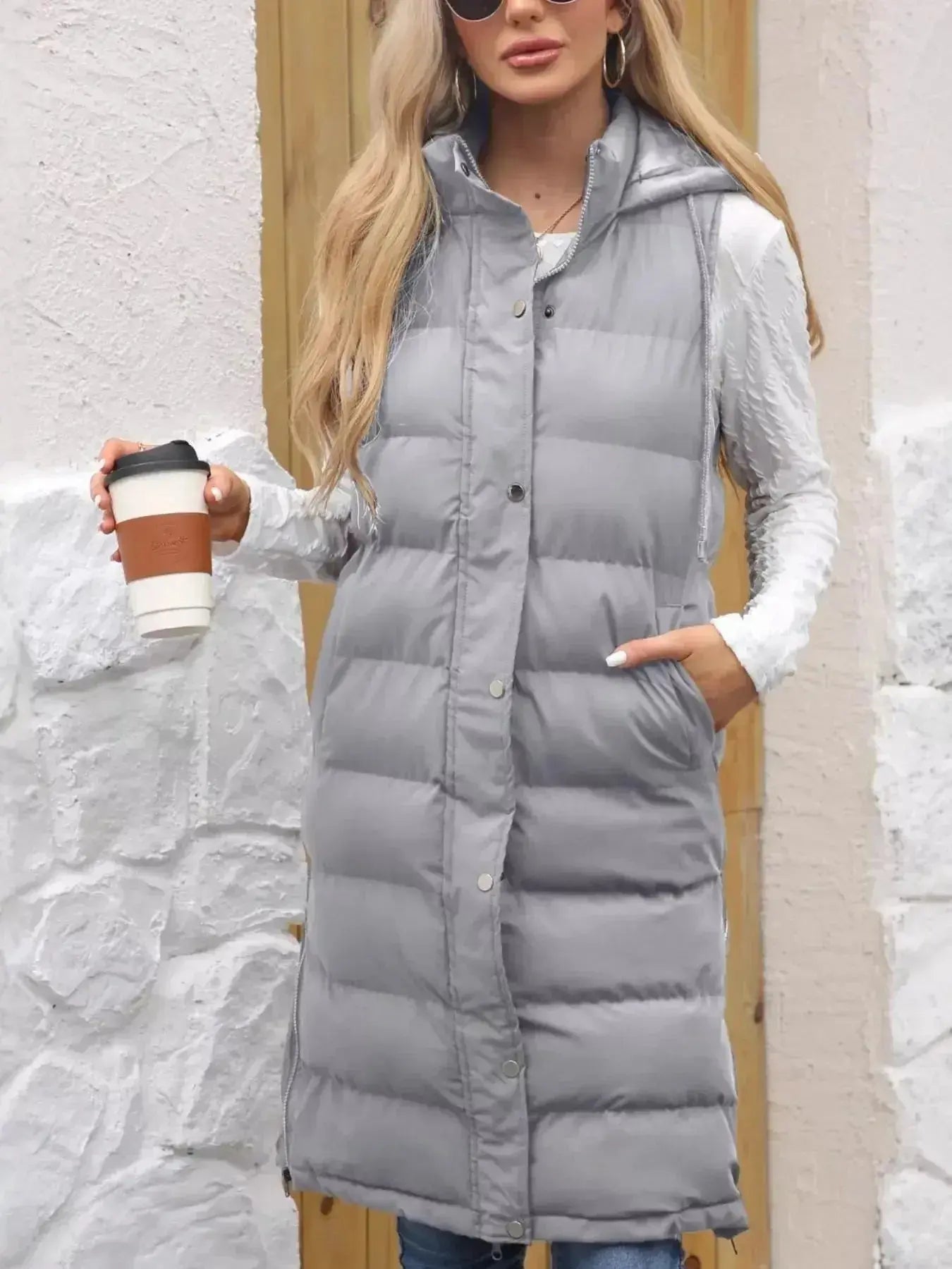 Full Size Snap Down Hooded Padded Longline Vest Coat Plus Size - Plush Fashion Hub
