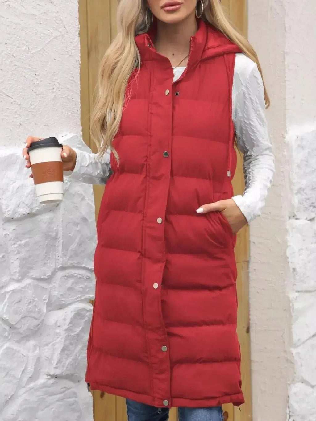 Full Size Snap Down Hooded Padded Longline Vest Coat Plus Size - Plush Fashion Hub