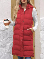 Full Size Snap Down Hooded Padded Longline Vest Coat Plus Size - Plush Fashion Hub