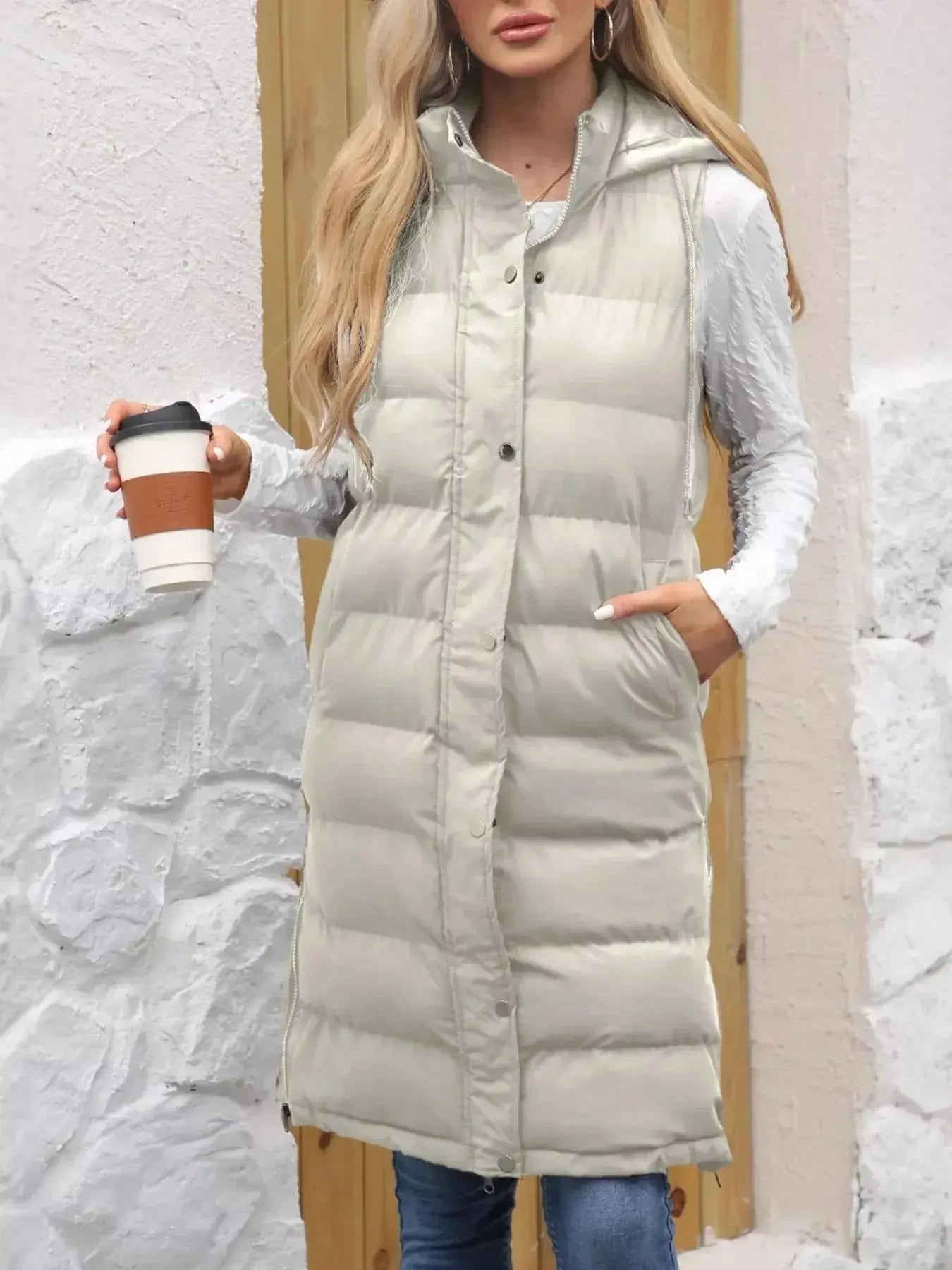 Full Size Snap Down Hooded Padded Longline Vest Coat Plus Size - Plush Fashion Hub