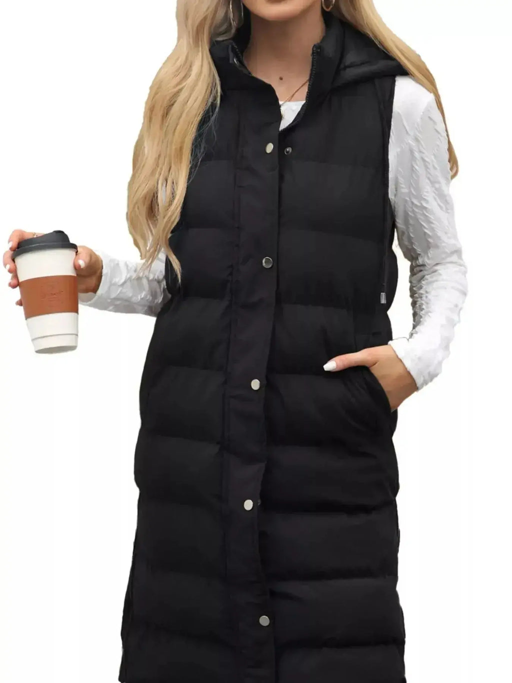 Full Size Snap Down Hooded Padded Longline Vest Coat Plus Size - Plush Fashion Hub