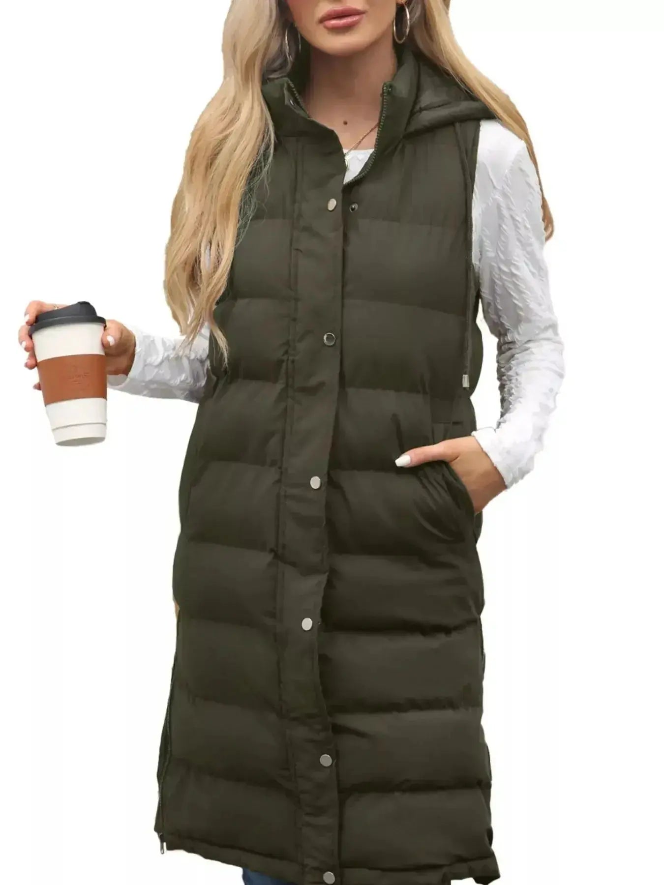 Full Size Snap Down Hooded Padded Longline Vest Coat Plus Size - Plush Fashion Hub