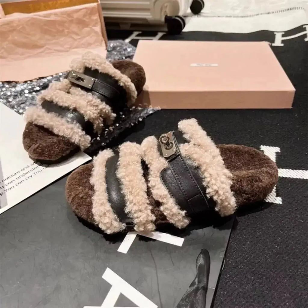Fuzzy Buckle Accent Plush Slippers - Plush Fashion Hub