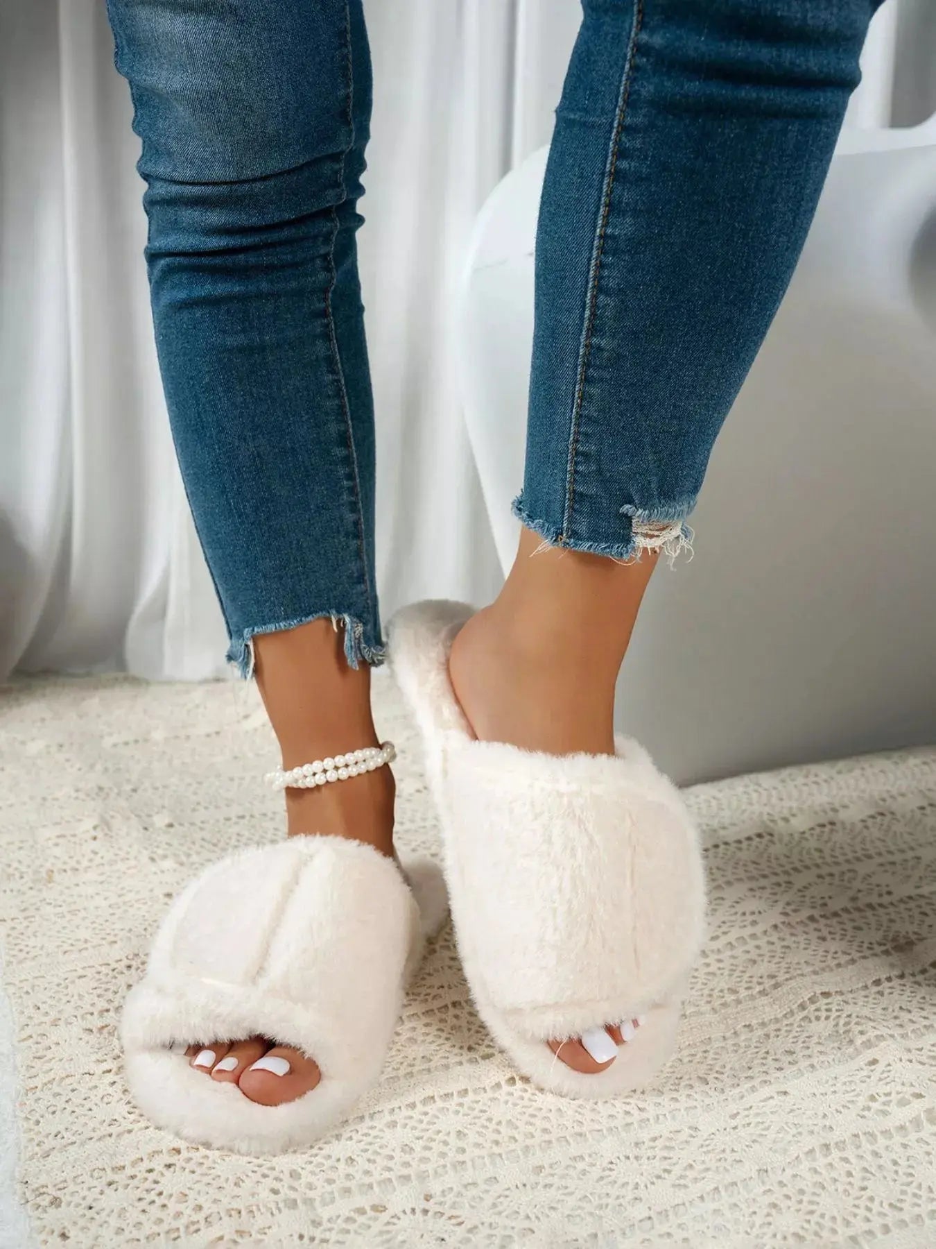 Fuzzy Open Toe Flats Slippers - Plush Fashion Hub