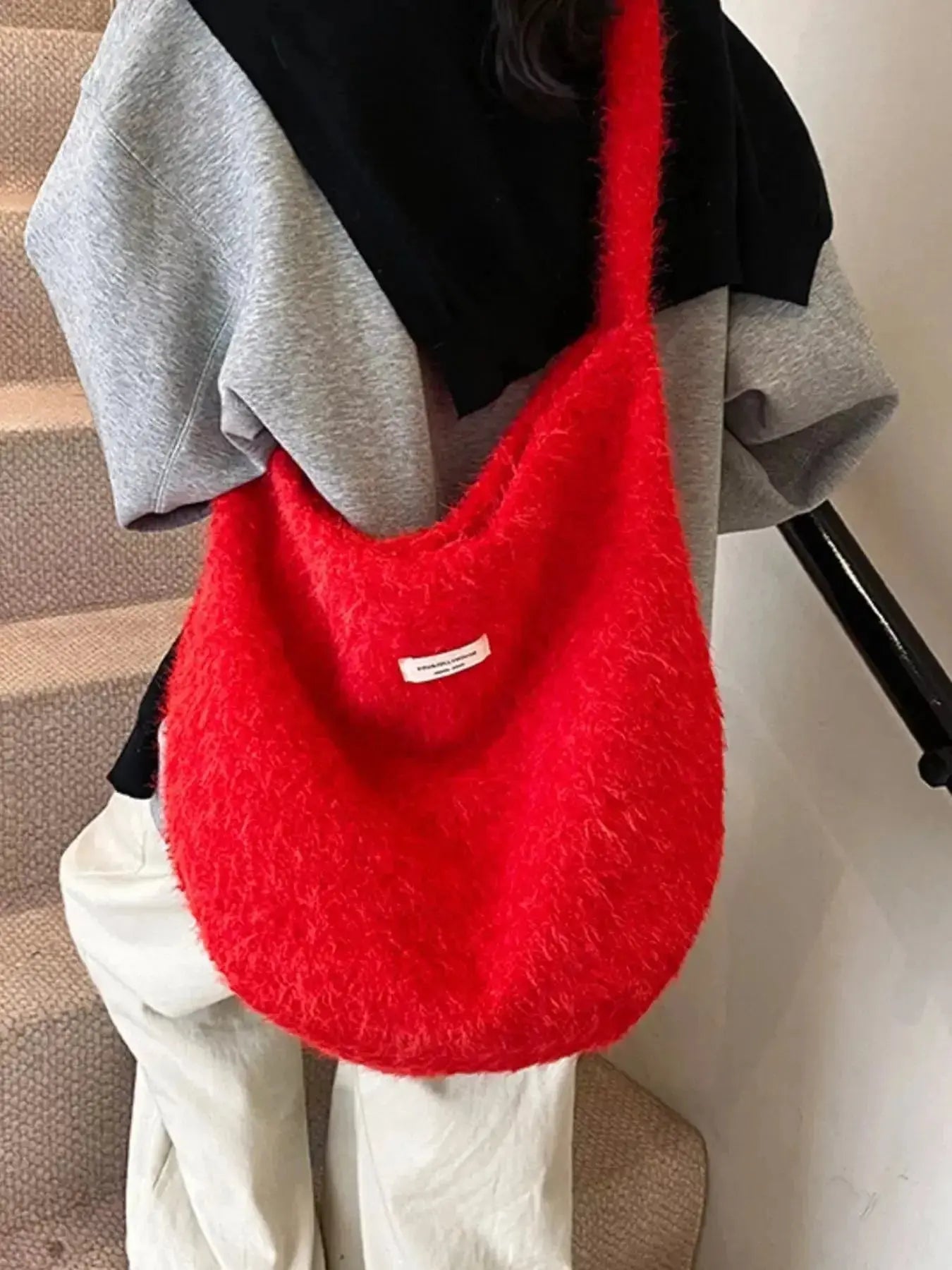 Fuzzy Solid Color Crossbody Bag - Plush Fashion Hub