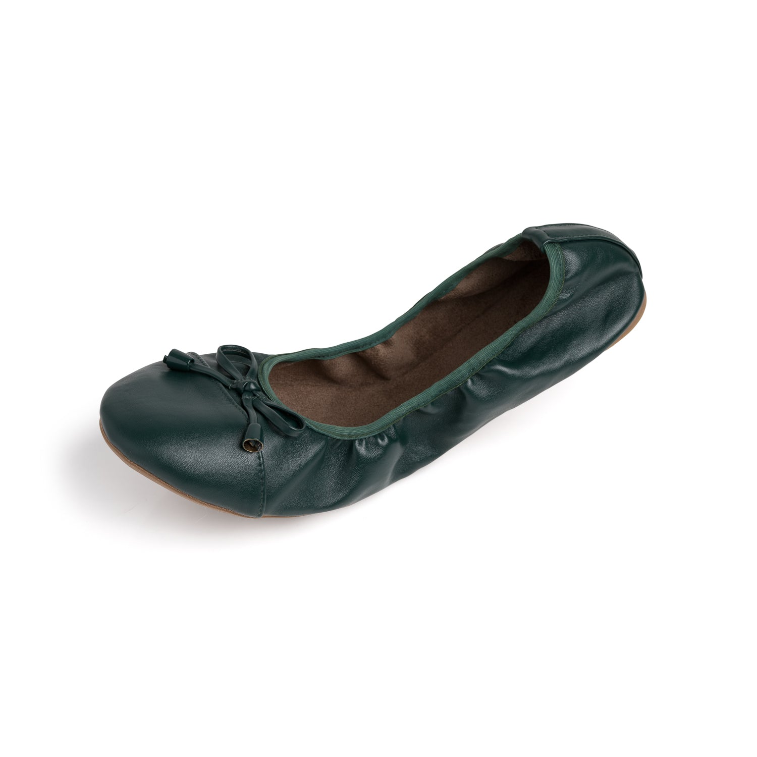 Premium evergreen leather ballet flats featuring a rounded toe, elasticized trim, and a small decorative bow.