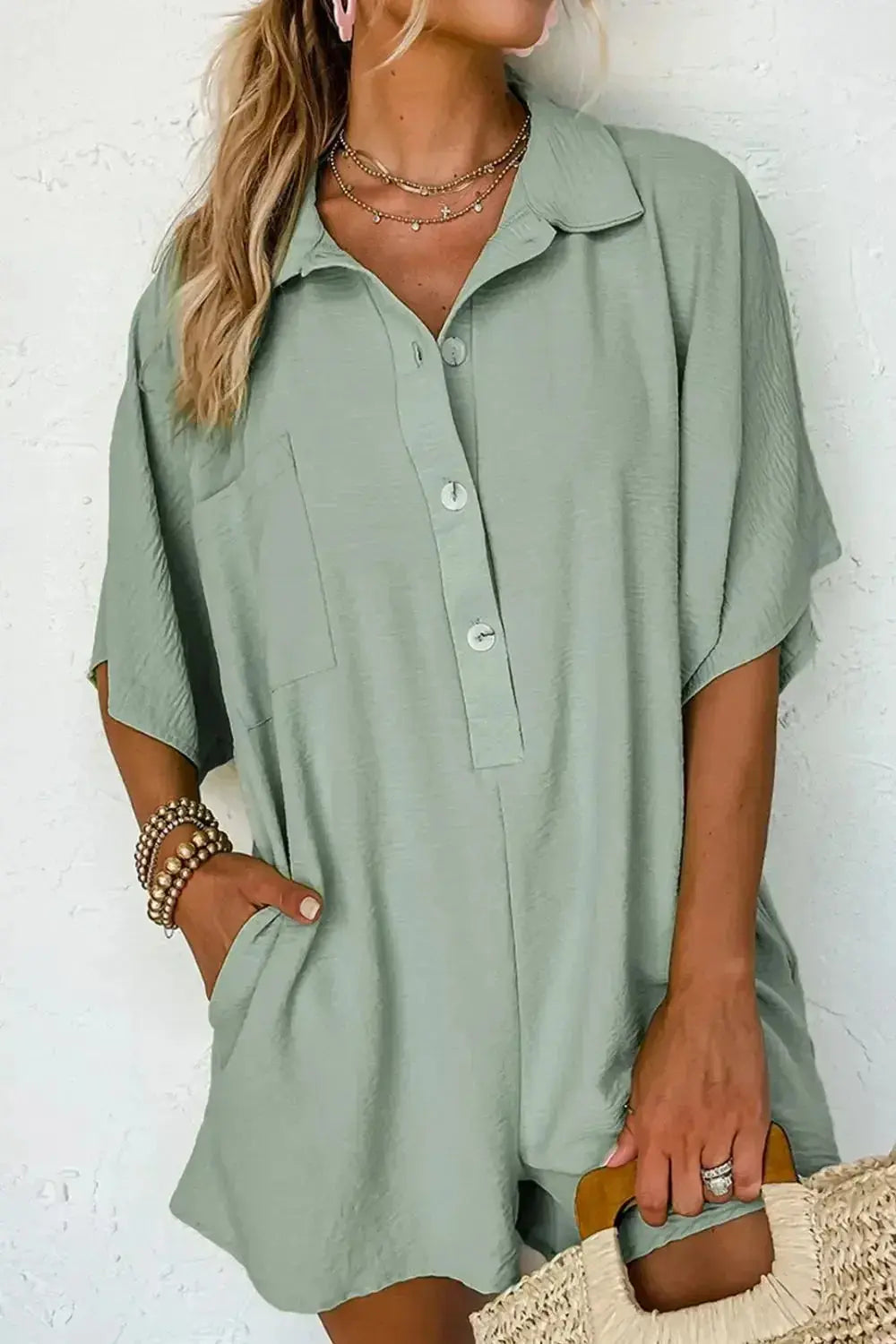 Half Button Collared Neck Romper - Plush Fashion Hub