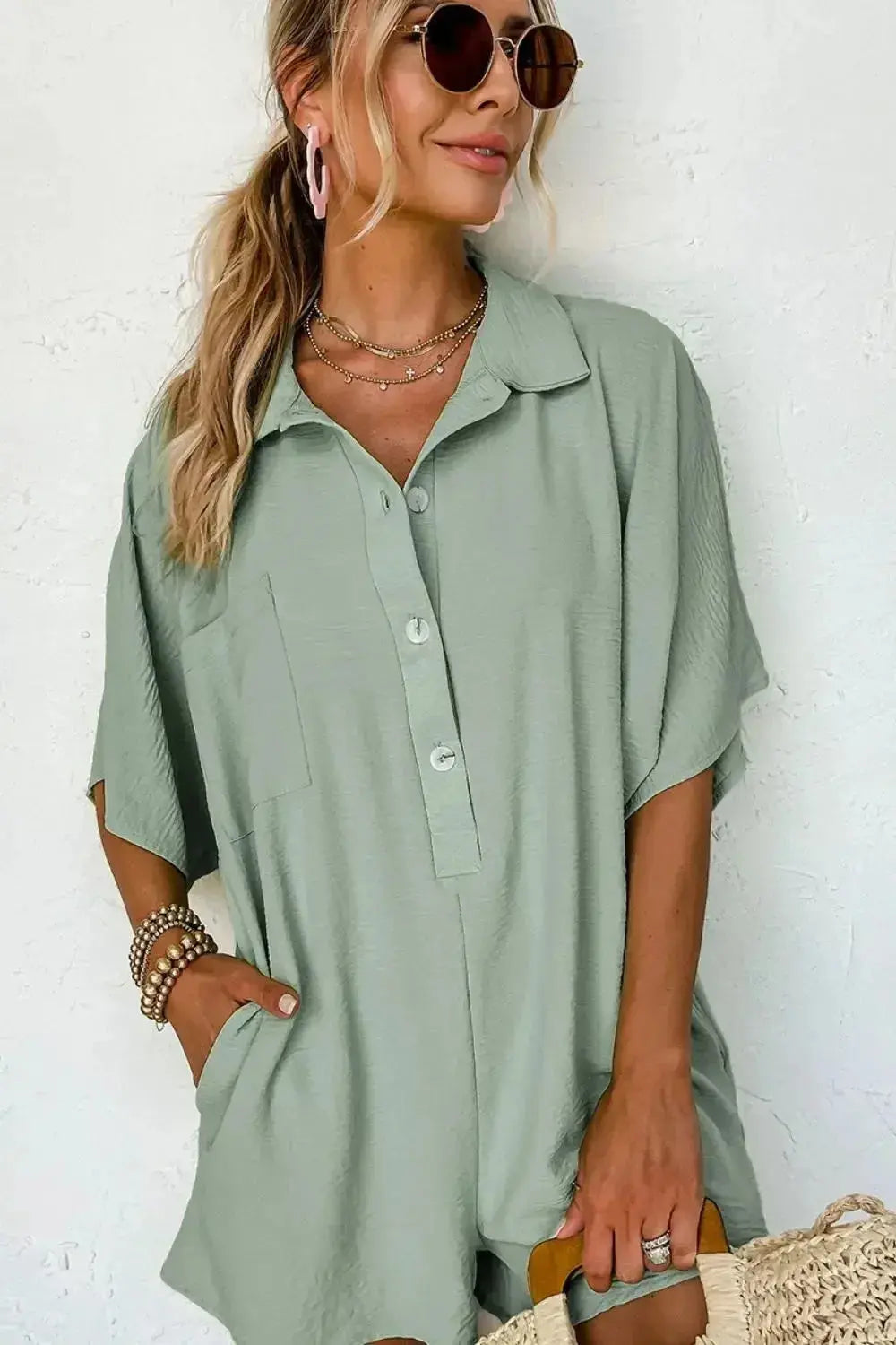 Half Button Collared Neck Romper - Plush Fashion Hub