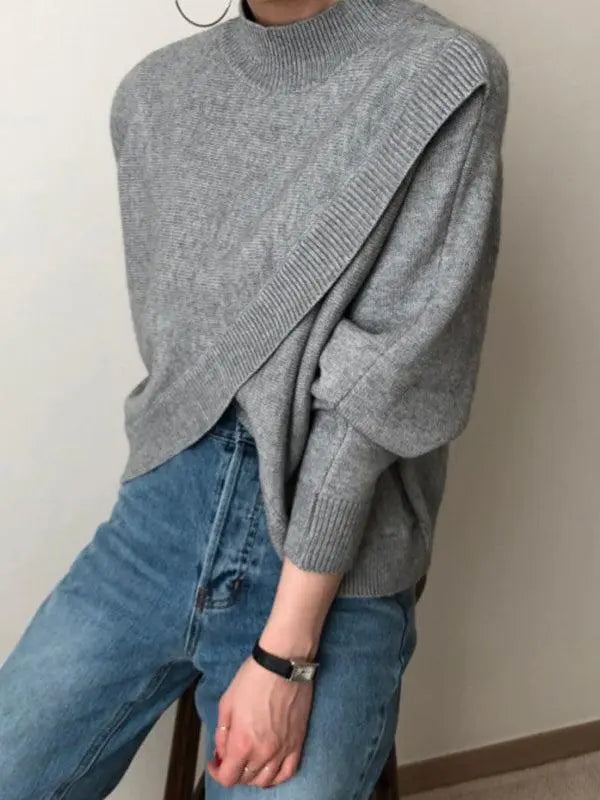 Half Turtleneck Cross Irregular Loose Pullover Sweater Plush Fashion Hub