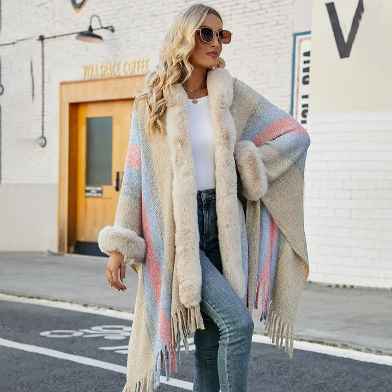 Hooded Cape for Women Autumn Winter Striped Knitted Tassel Shawl Perfecsy