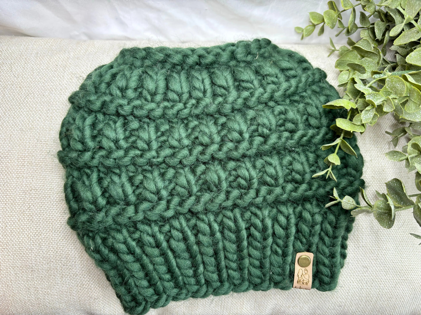 Hunter Green Messy Bun Hat Tight Knit Sisters
