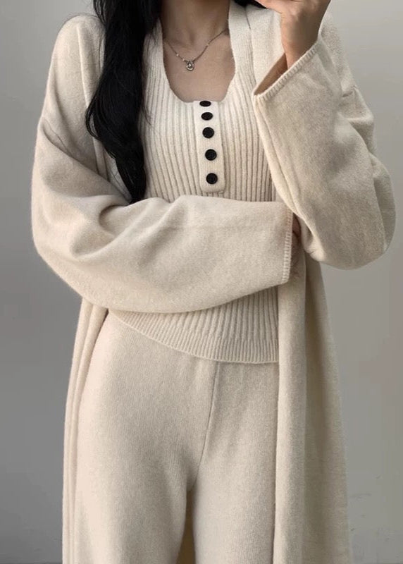Buttons Casual Knitted Long Cardigan&Camisole&Pants 3 Pieces Suit Plush Fashion Hub