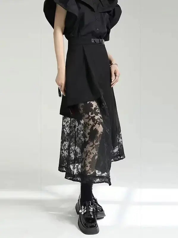 Irregular-Paneled Gauze High-Waisted Skirt - Plush Fashion Hub