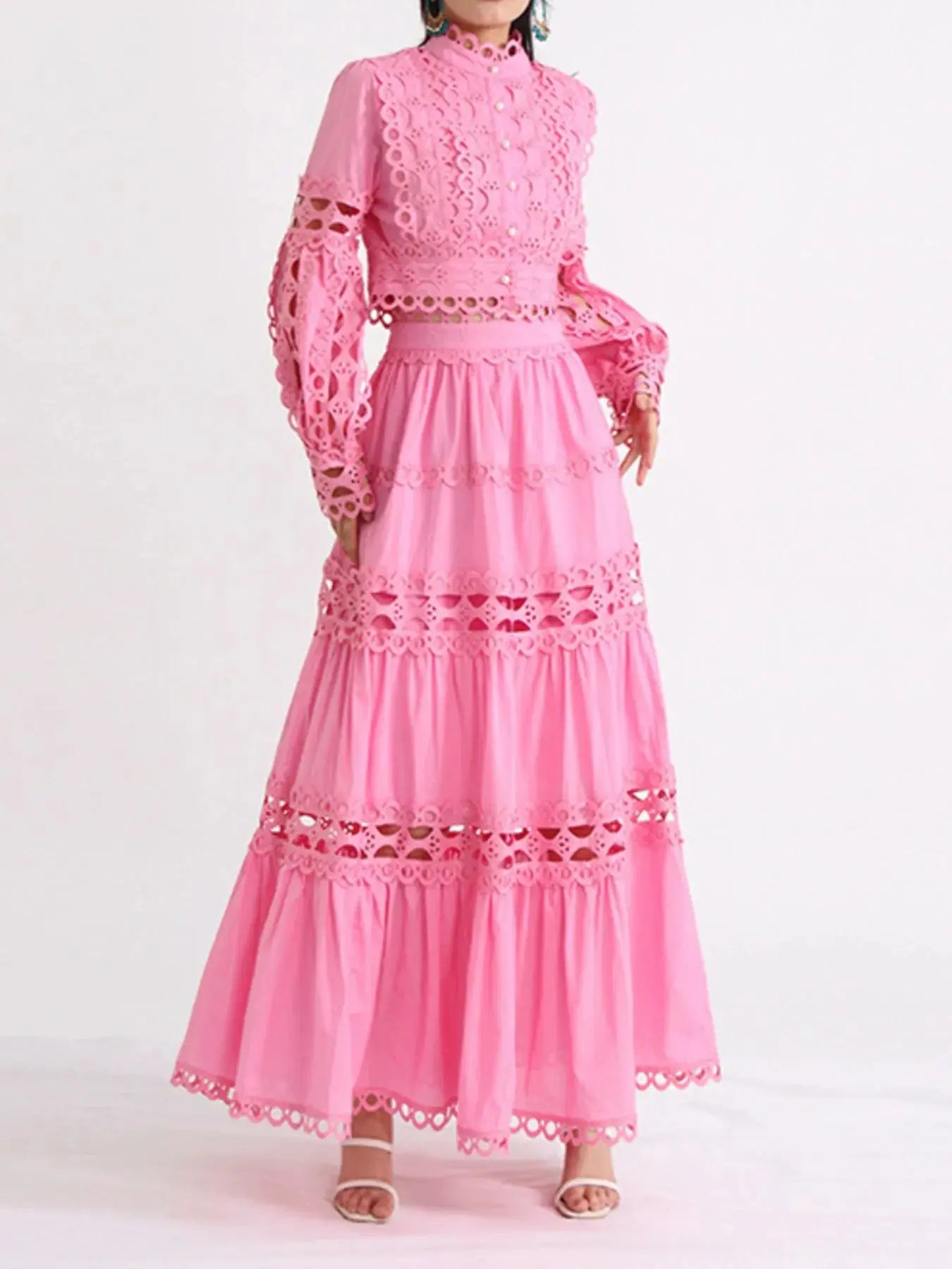 Lace Button Up Long Sleeve Top and Skirt Set - Plush Fashion Hub