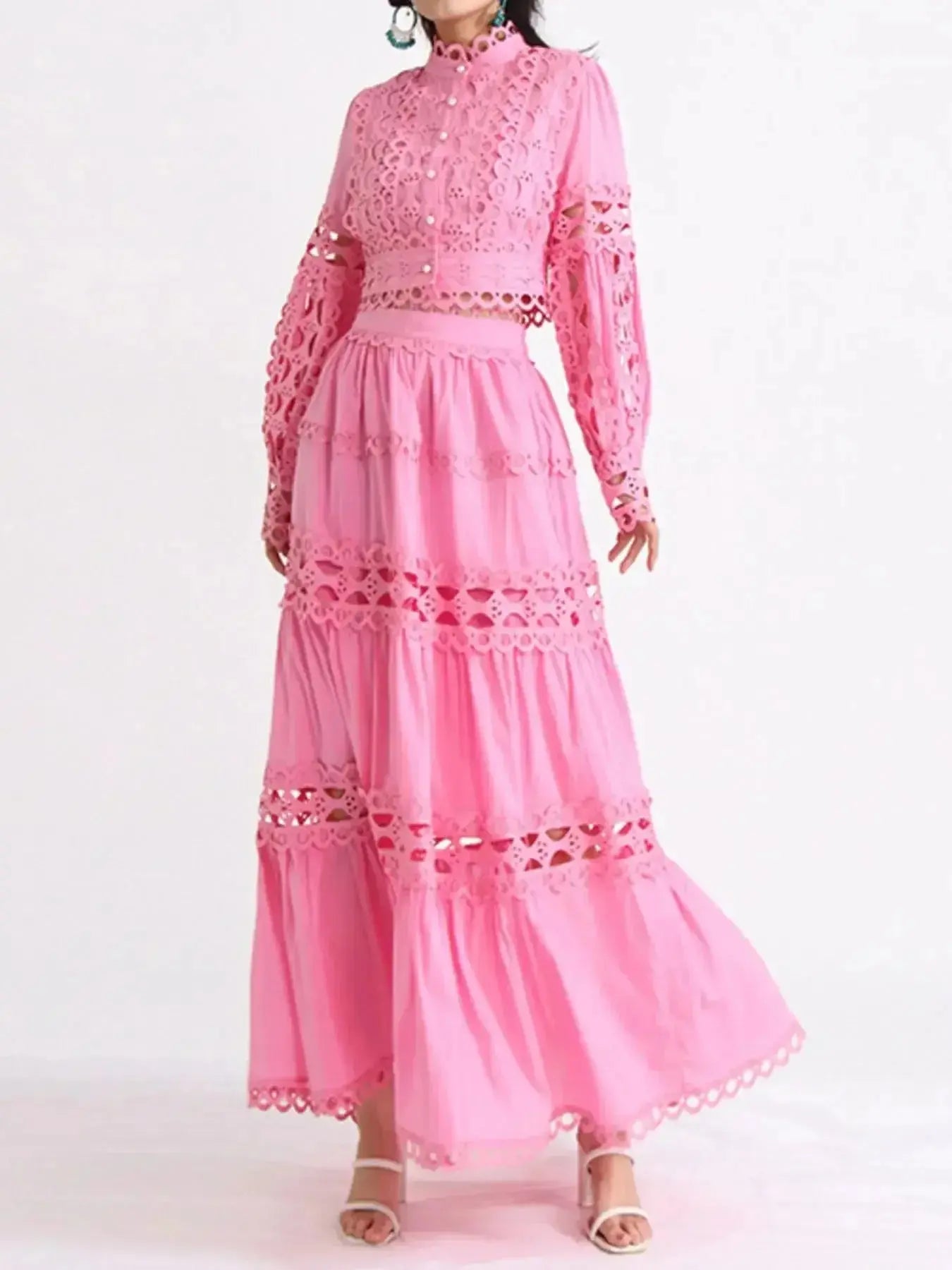 Lace Button Up Long Sleeve Top and Skirt Set - Plush Fashion Hub