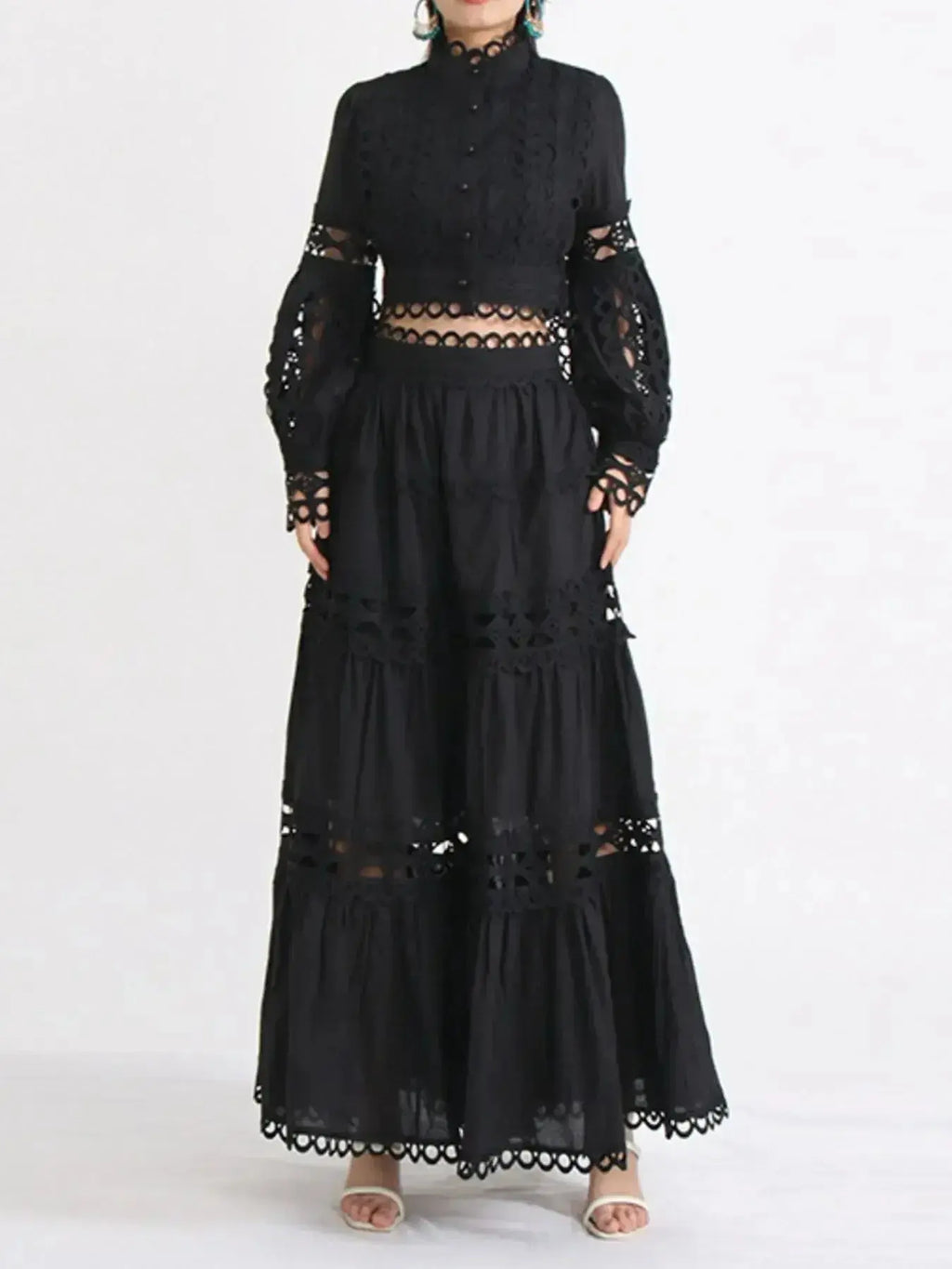 Lace Button Up Long Sleeve Top and Skirt Set - Plush Fashion Hub