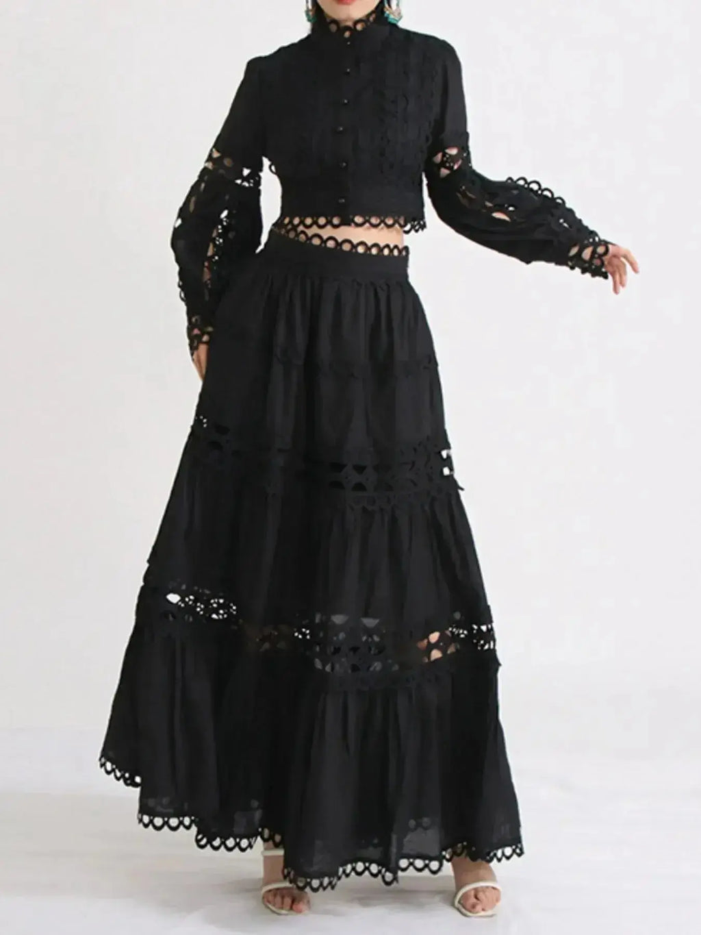 Lace Button Up Long Sleeve Top and Skirt Set - Plush Fashion Hub