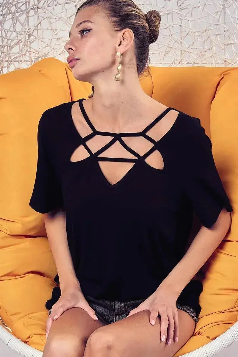 Ladies Silky Knit Top with Front Details - Plush Fashion Hub