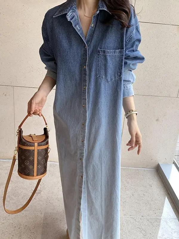 Lapel Gradient Smudge Loose Long Sleeve Denim Dress Plush Fashion Hub