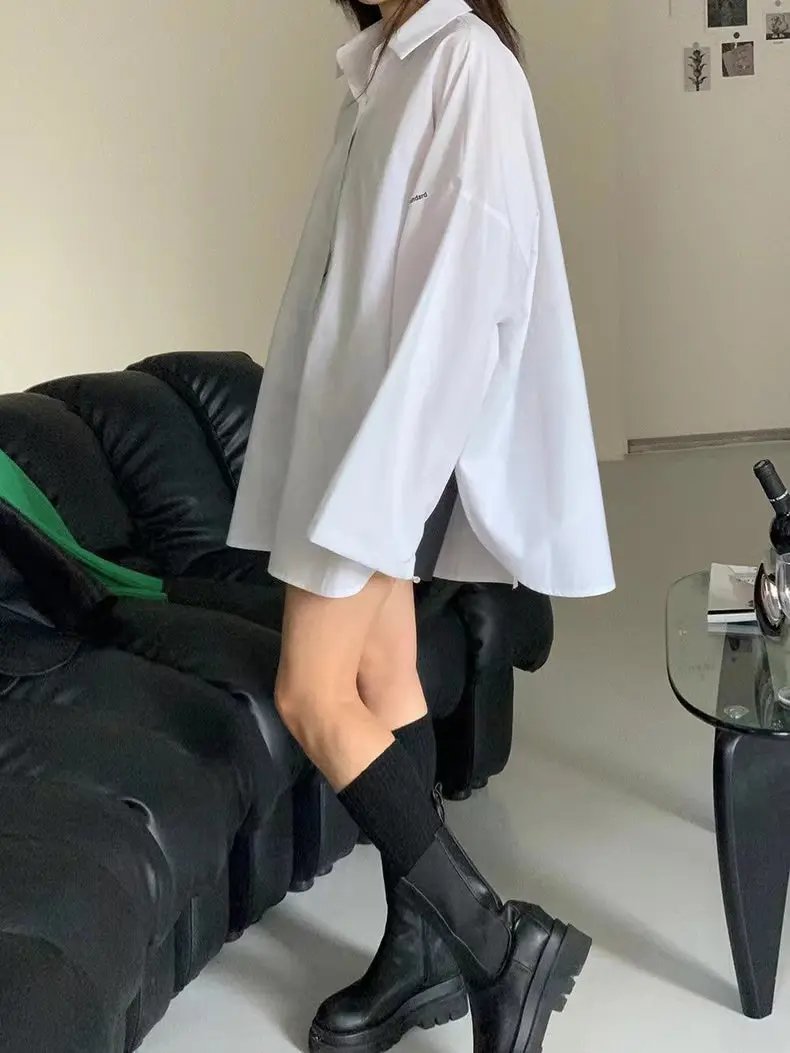 Lapel Single Breasted Back Slit Long Sleeve Shirt PAINEVIDA