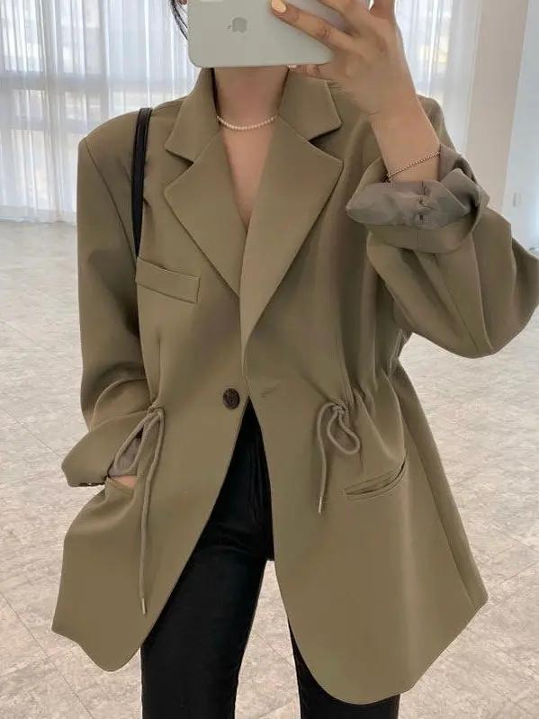 Lapel Single Button Drawstring Waist Blazer Jacket Plush Fashion Hub