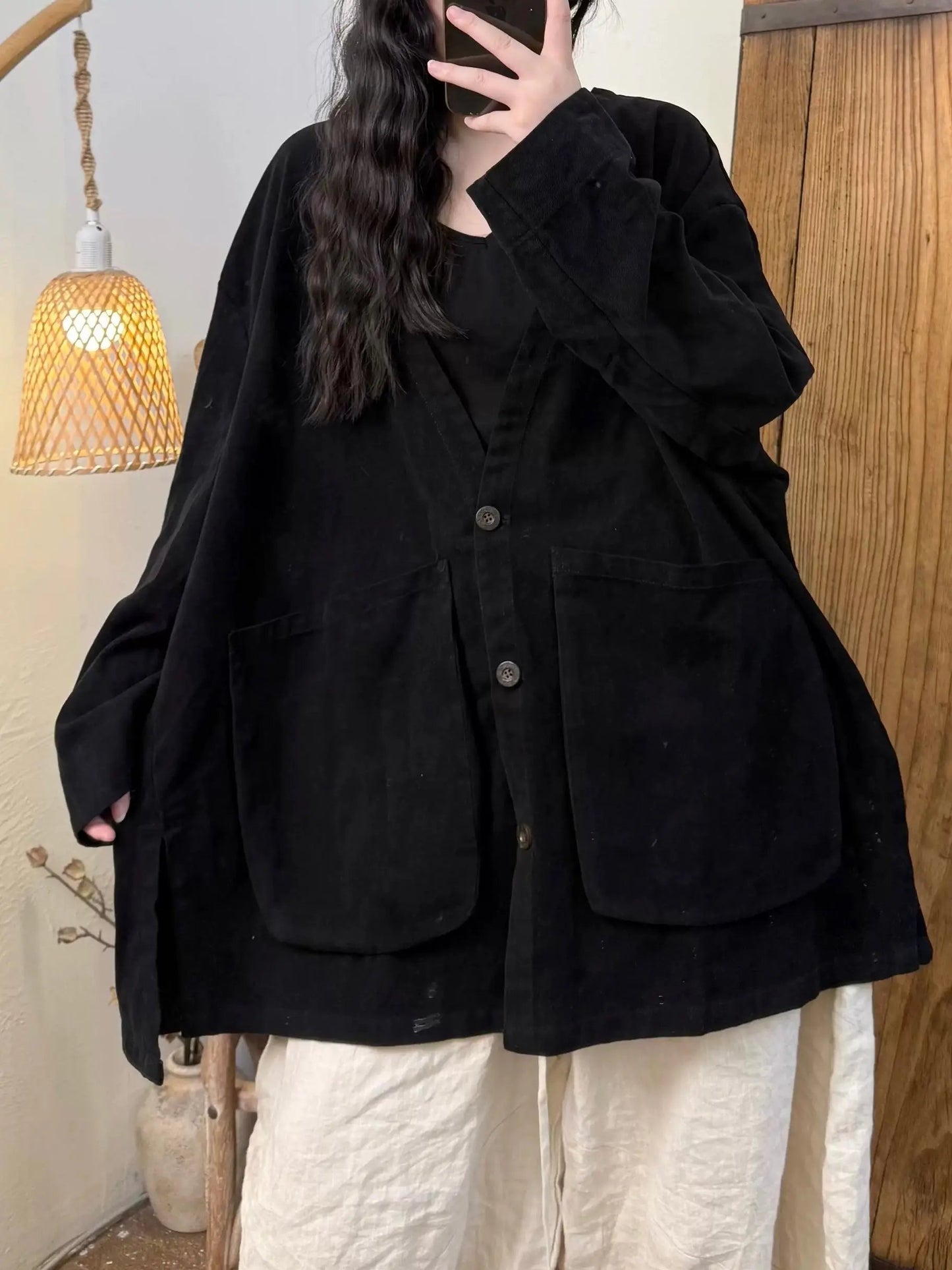 Large Pocket V-Neck Buttoned Snowflake Fleece Jacket Plush Fashion Hub