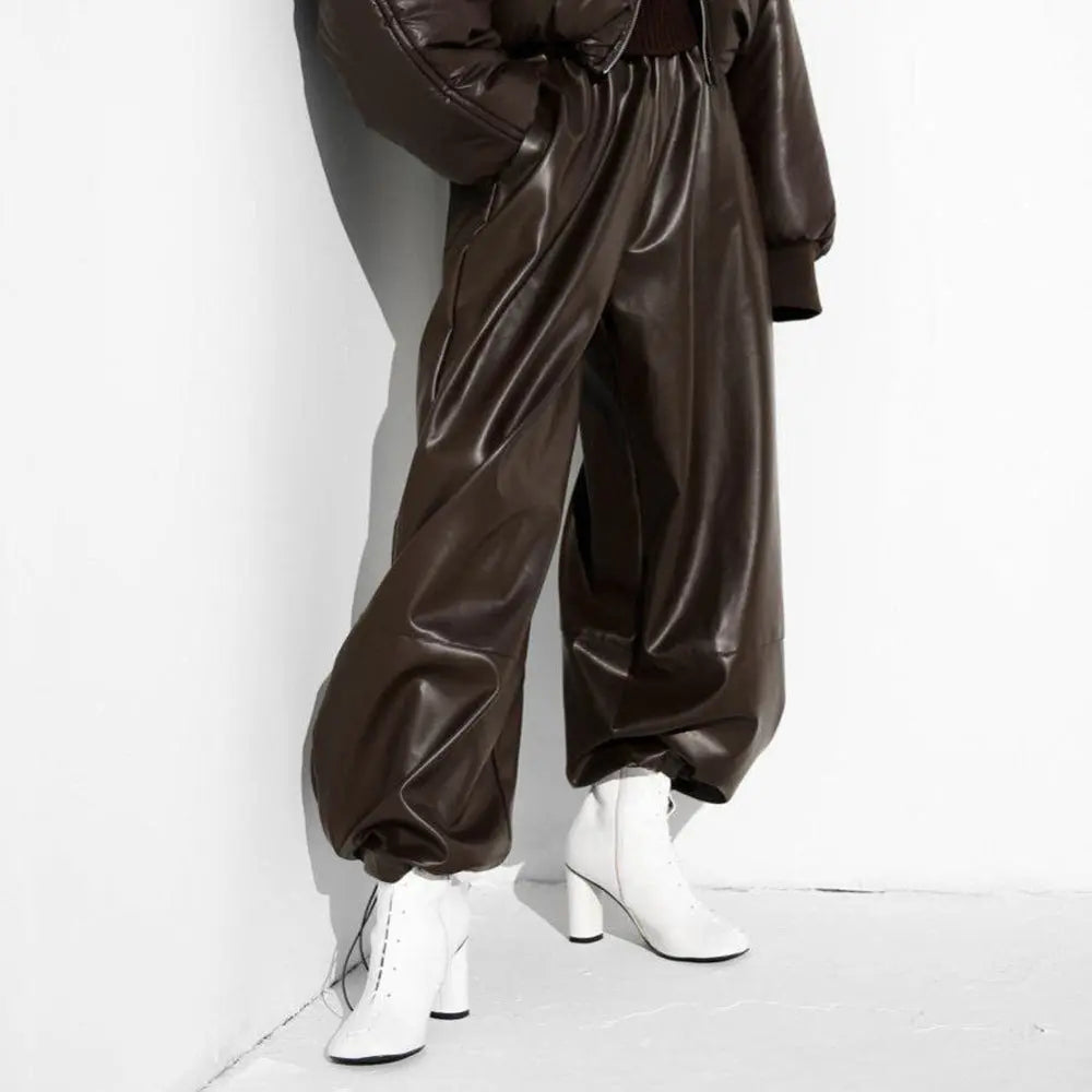 Leather Pants Women Autumn Winter Drawstring Ankle Tied Bloomers Loose Leather Pants Faux Leather Trousers for Women Perfecsy