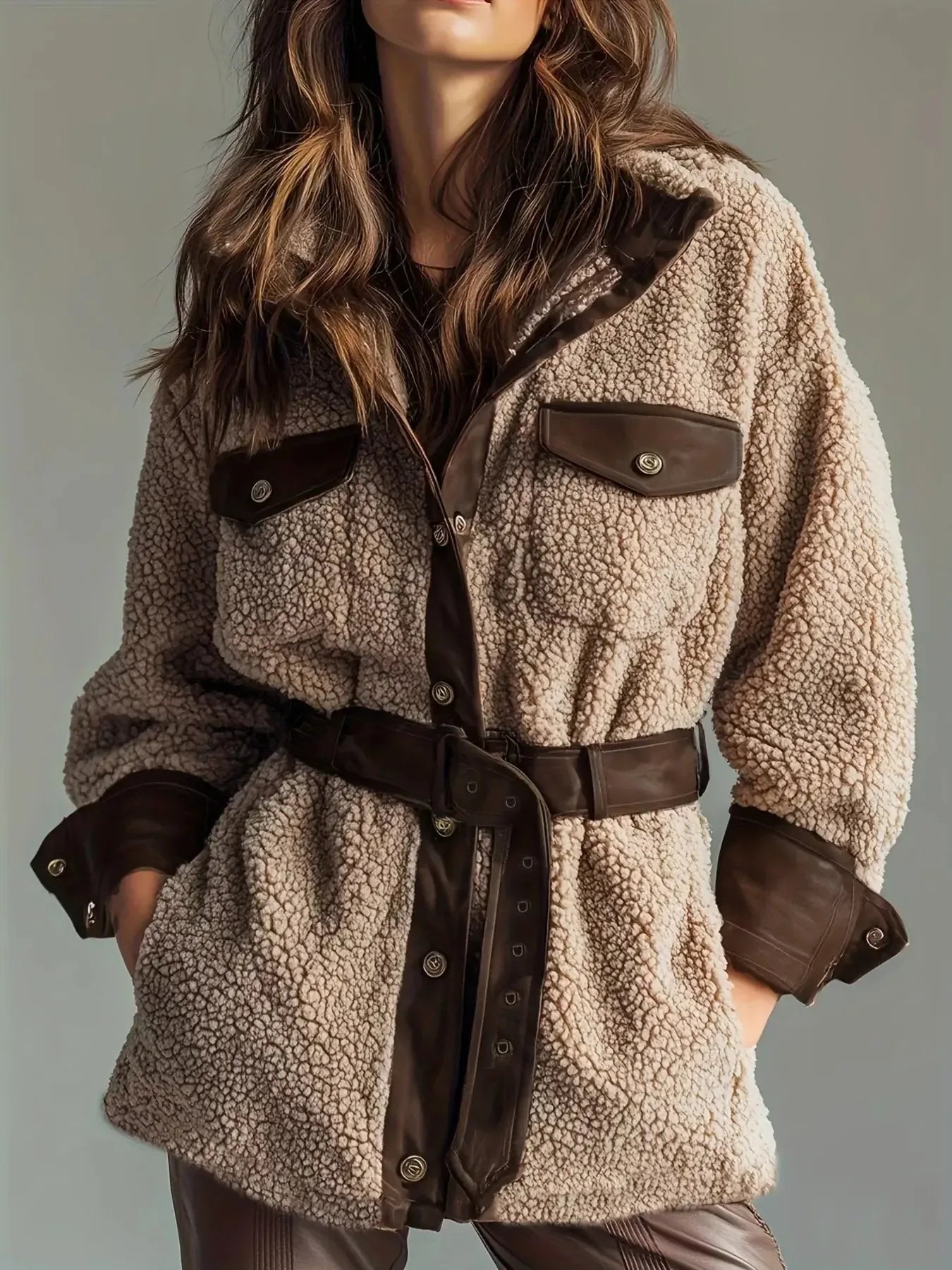Leather Trim Sherpa Outerwear with Pockets - Plush Fashion Hub