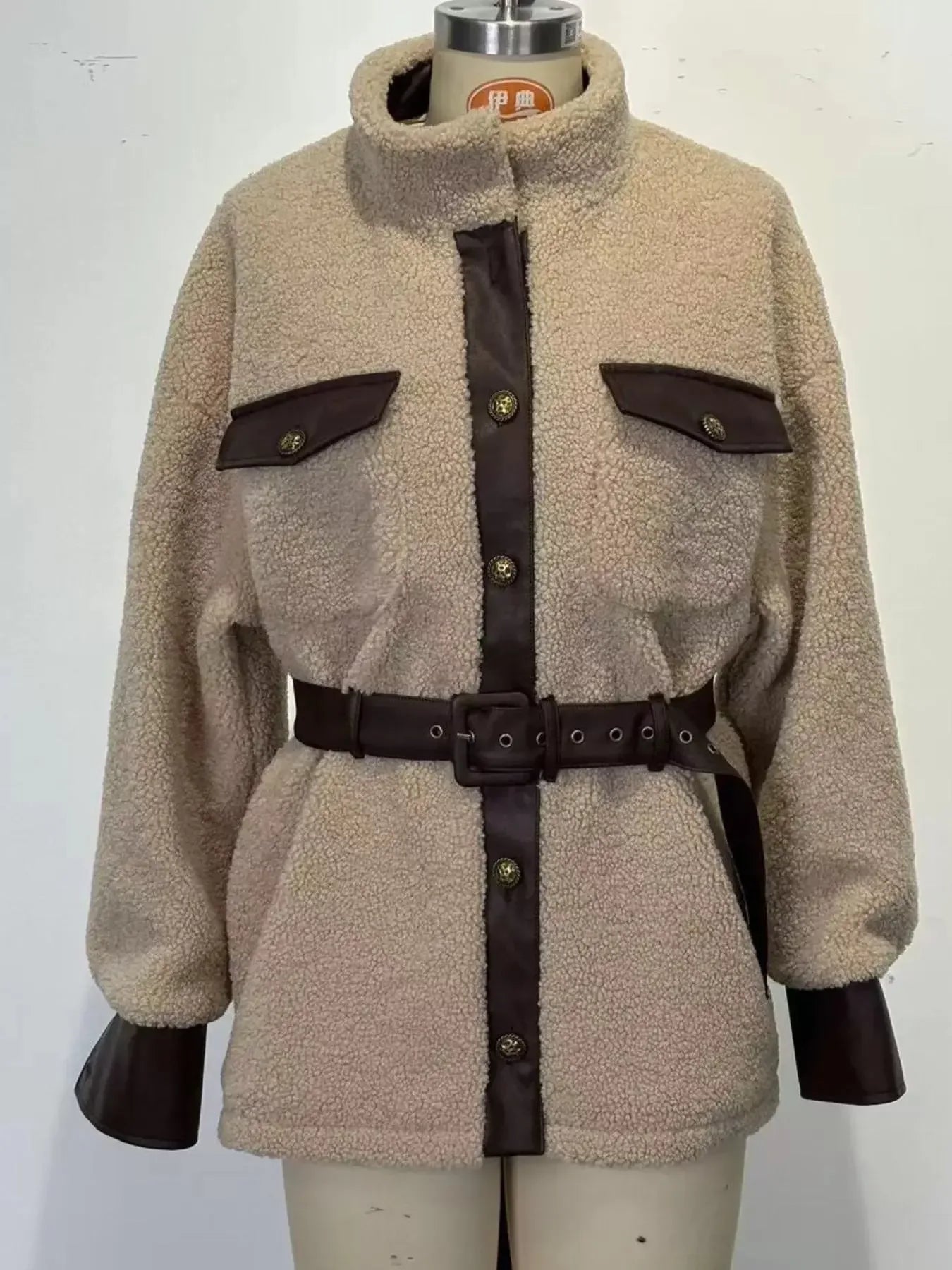 Leather Trim Sherpa Outerwear with Pockets - Plush Fashion Hub