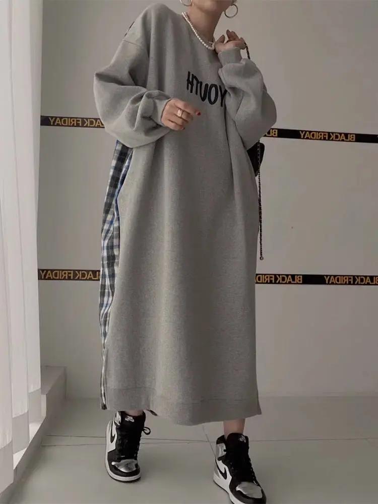 Letter Print Patchwork Contrast Plaid Dress Plush Fashion Hub