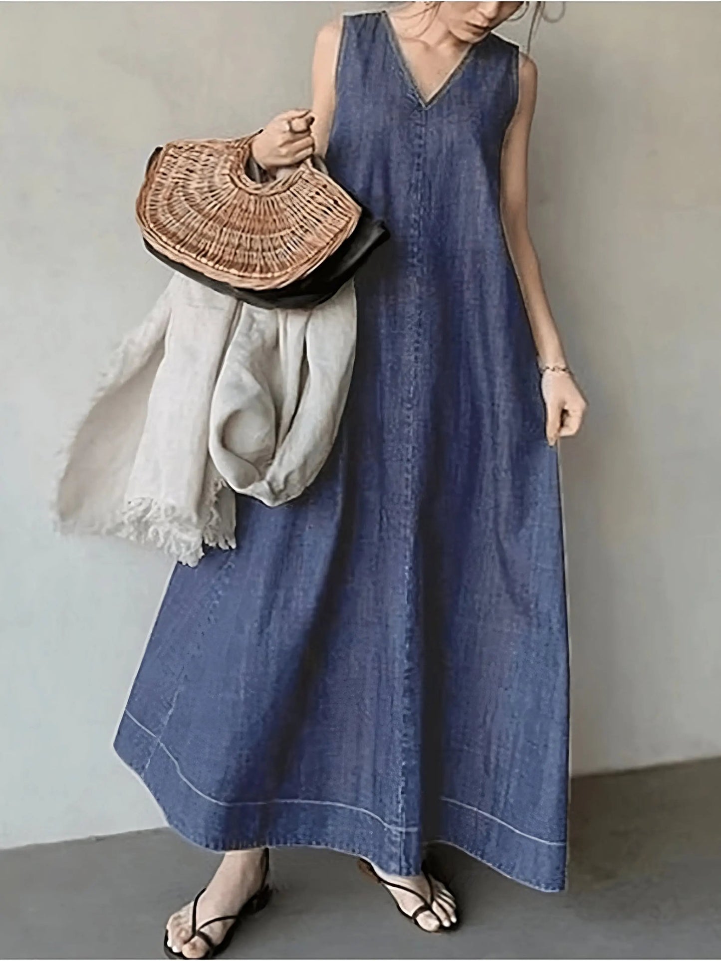 Literary Denim Tie Back V-Neck Long Dress Plush Fashion Hub