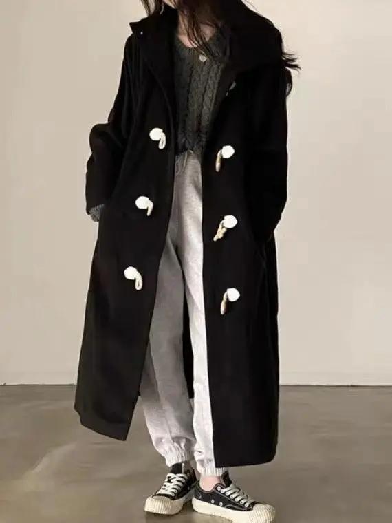 Loose Horn Button Hooded Long Woolen Coat PAINEVIDA