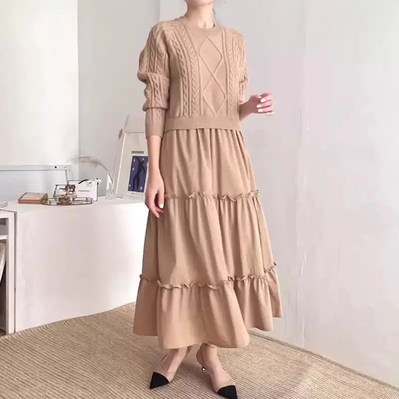 Loose Long-sleeved Cable Knit Split-joint A-line Dress Plush Fashion Hub