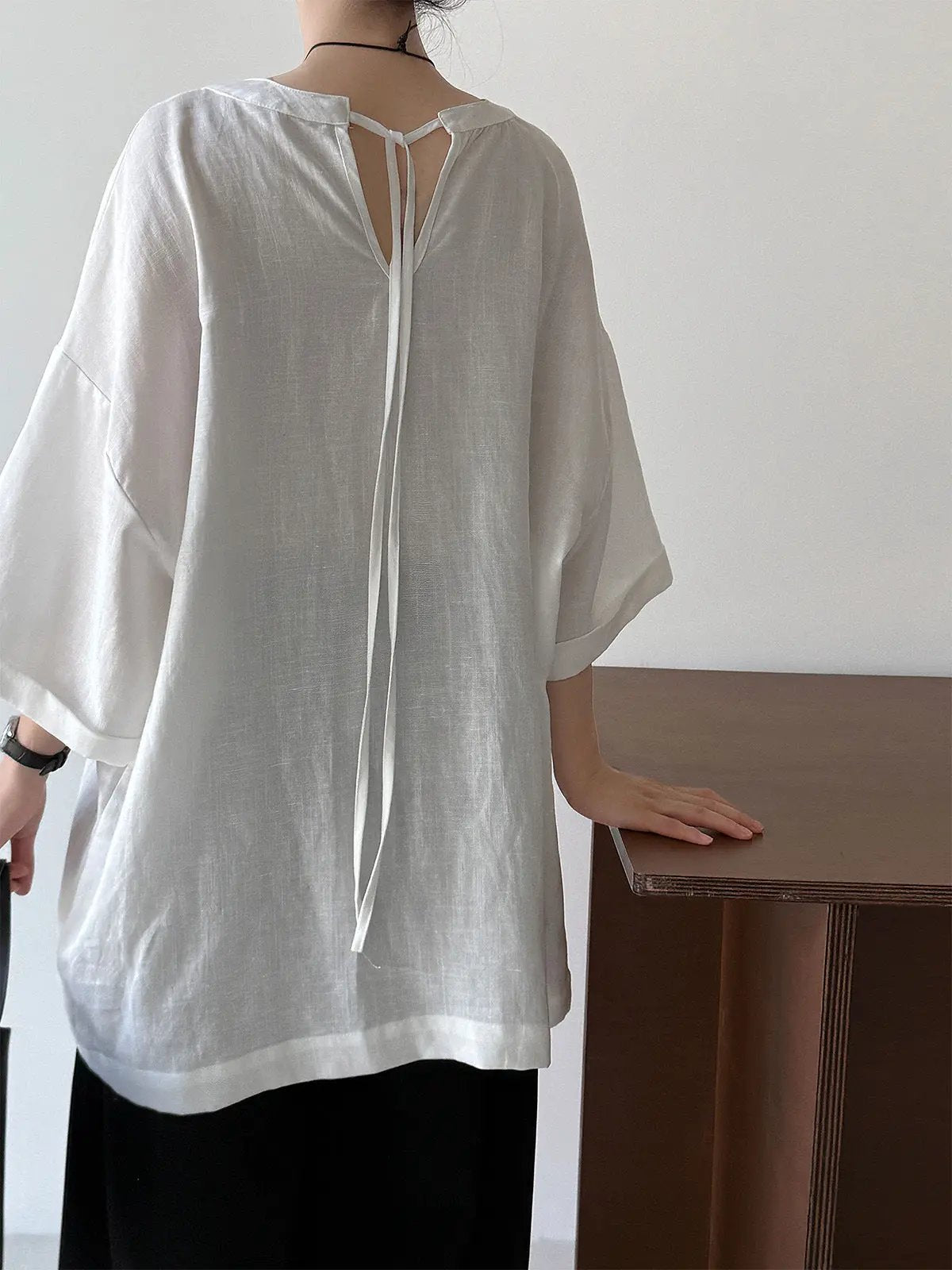 Loose Round Neck With Back Ties Blouse Plush Fashion Hub