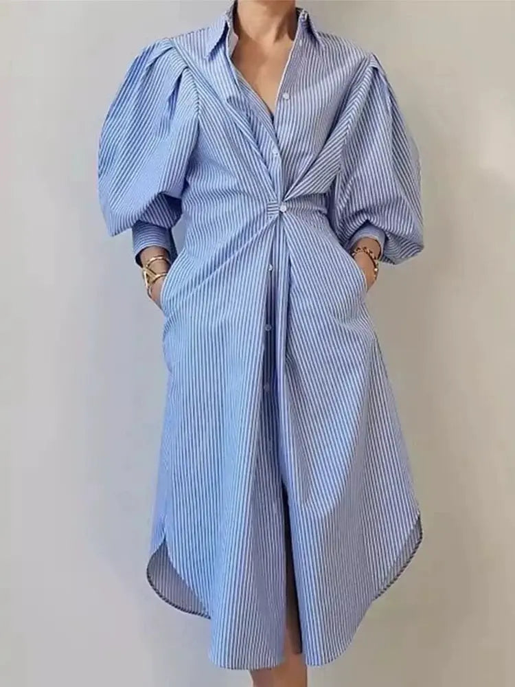 Lrregular Lantern Sleeve Striped Shirt Dress Plush Fashion Hub