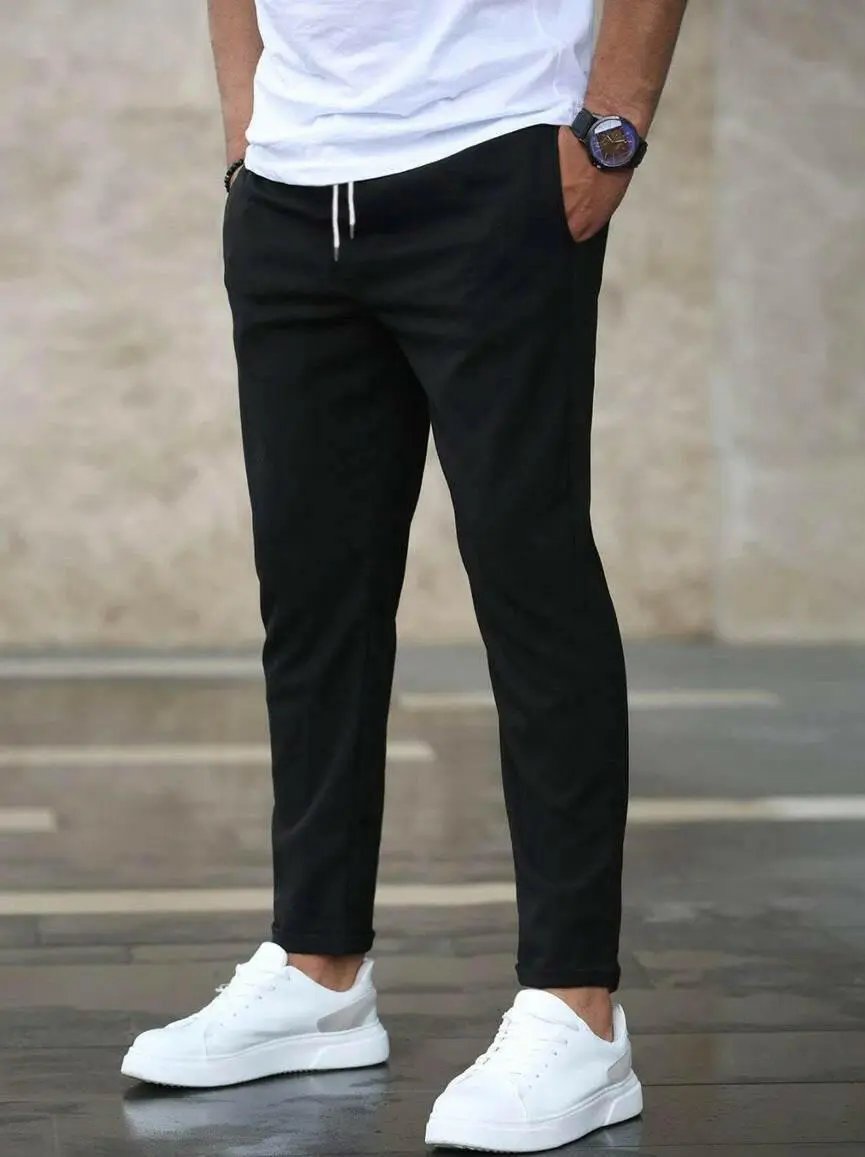 Men's Casual Pants With Pockets Fashion Slim Fit Drawstring Trousers.