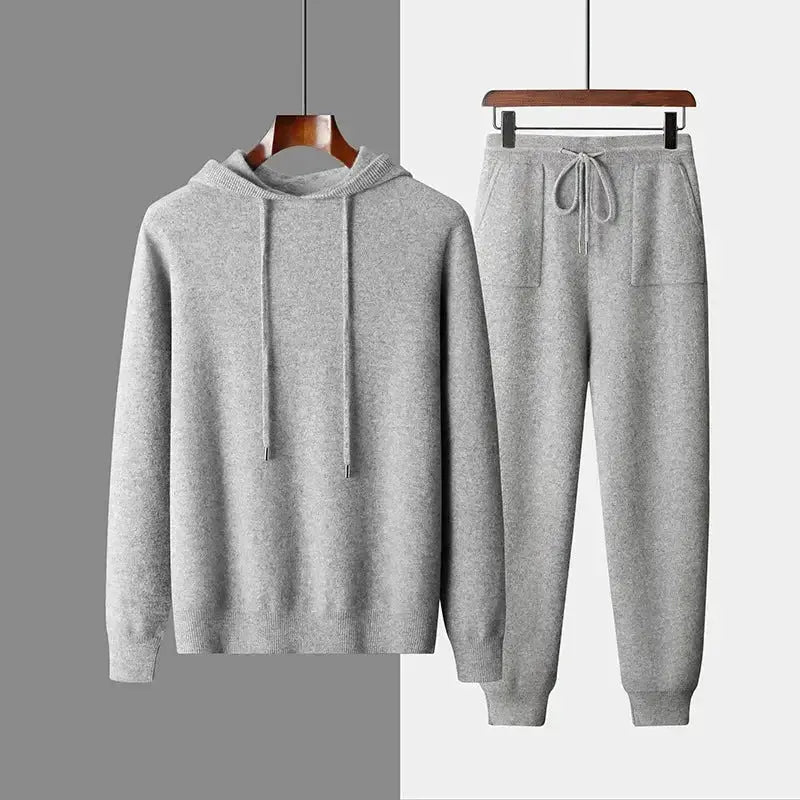 Men's Solid Color Casual Hooded Knitted Sweatshirt Long Pants Set - Plush Fashion Hub