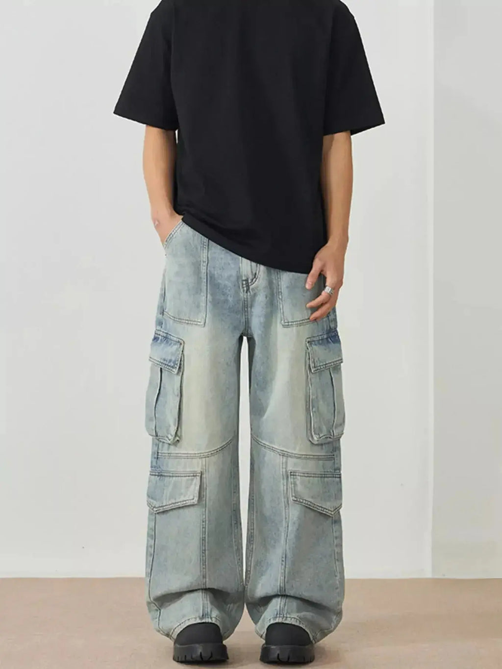 Men's wide leg cargo utility jeans by Trendsi featuring relaxed fit streetwear denim with multiple pockets and a casual, comfortable style.