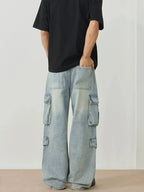 Men's wide leg cargo utility jeans by Trendsi with relaxed fit, streetwear denim style, featuring multiple cargo pockets.