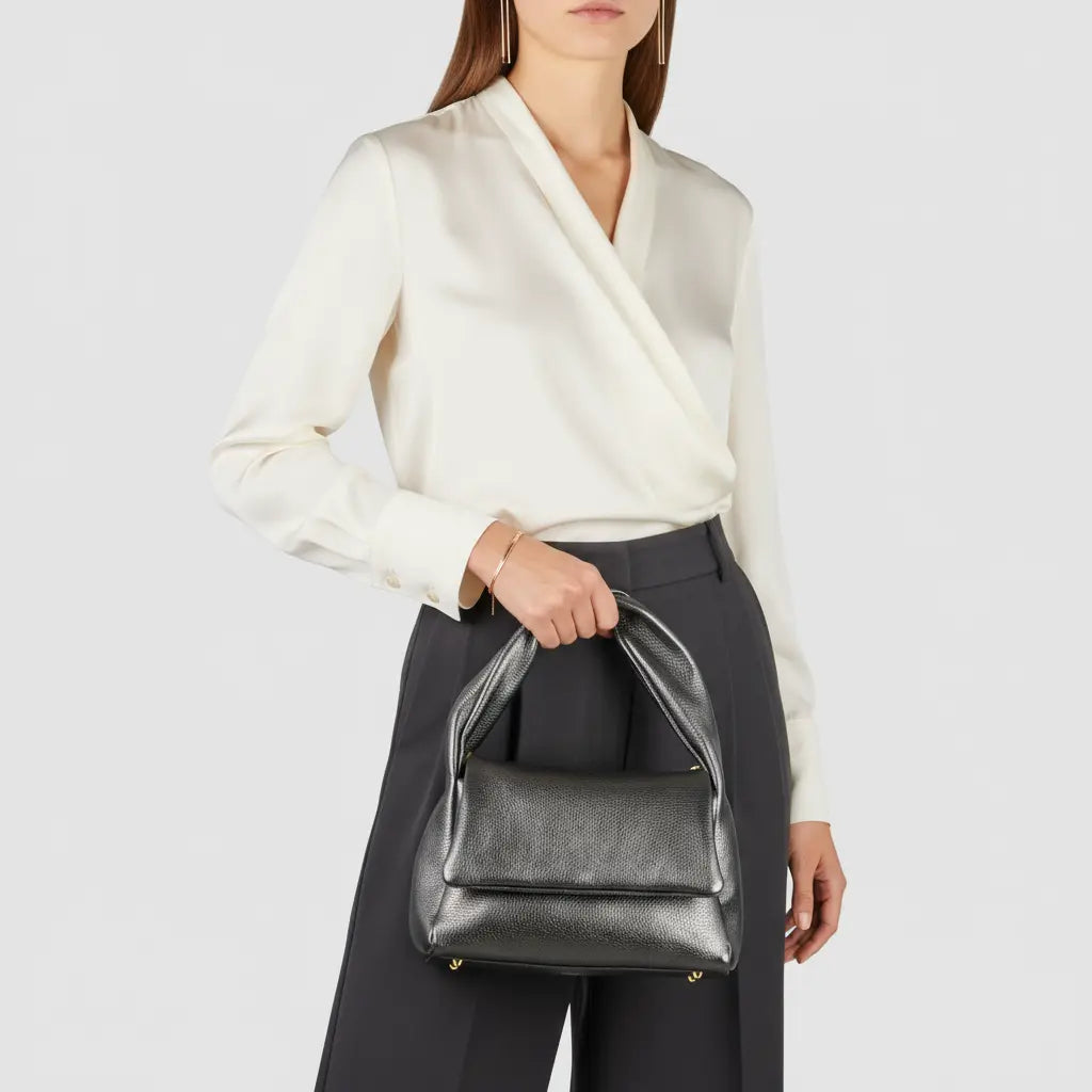 Metallic Calf Leather Top-Handle Bag Plush Fashion Hub