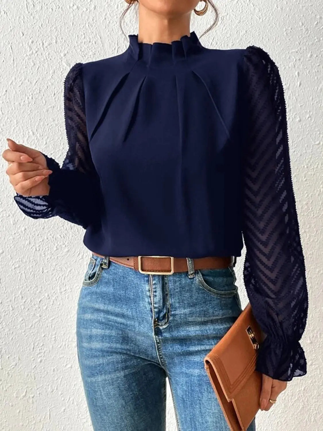 Mock Neck Flounce Sleeve Blouse - Plush Fashion Hub