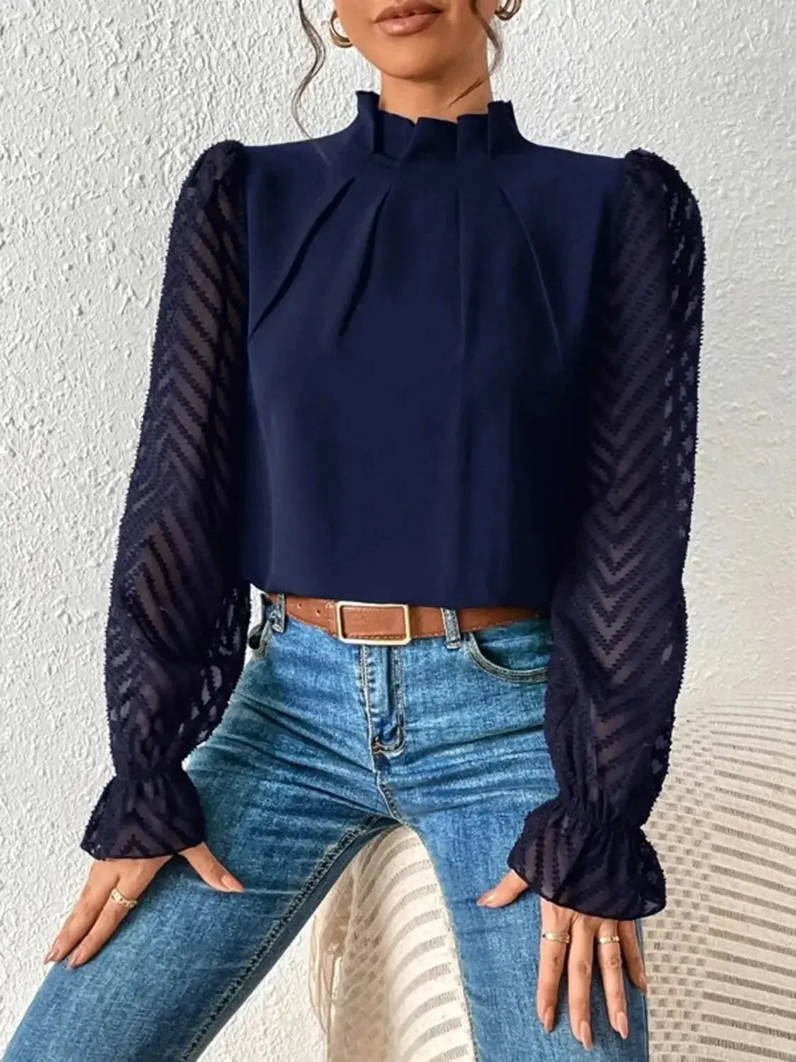 Mock Neck Flounce Sleeve Blouse - Plush Fashion Hub